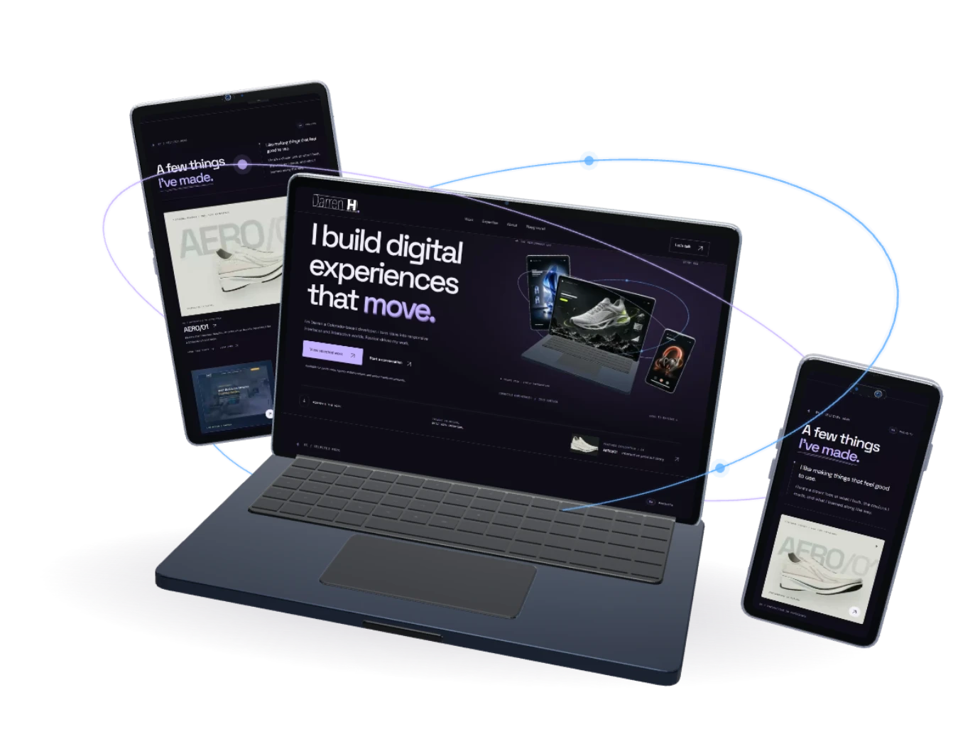 Floating laptop, tablet, and camera-equipped phone displaying Darren's portfolio across three screen sizes, connected by luminous orbits