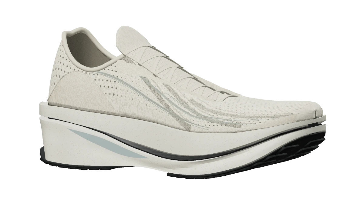The Bone / Silver AERO/01 running shoe in a three-quarter studio image from the live website
