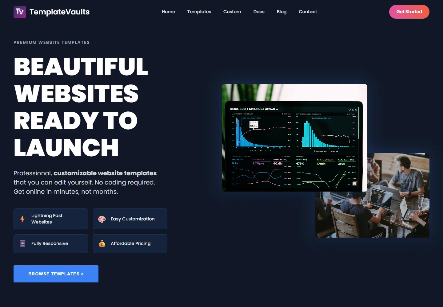 TemplateVaults’ live storefront homepage with its website-template headline and Browse Templates action